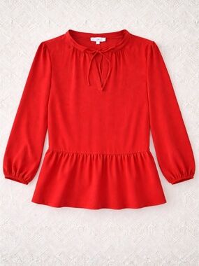 Loft blouse size L balloon sleeves front tie tiered hem red corporate girlie